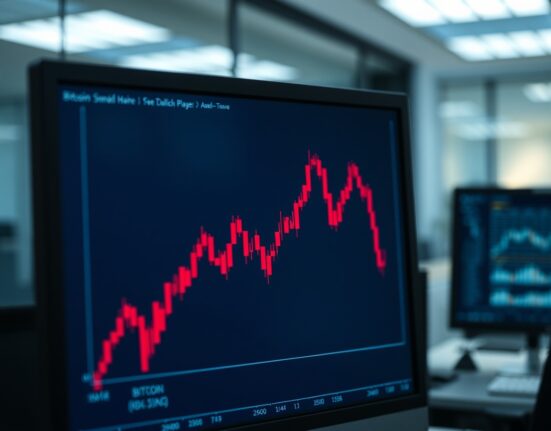 Bitcoin price chart showing a sharp decline on a trading terminal screen in a dimly lit office