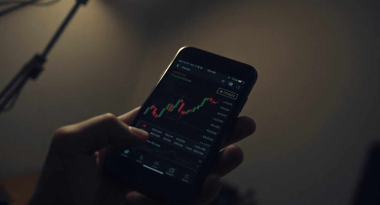 Person looking at a crypto trading app with red charts on a smartphone in low light
