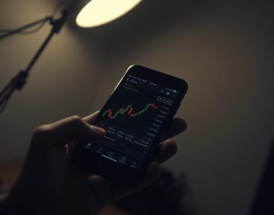 Person looking at a crypto trading app with red charts on a smartphone in low light