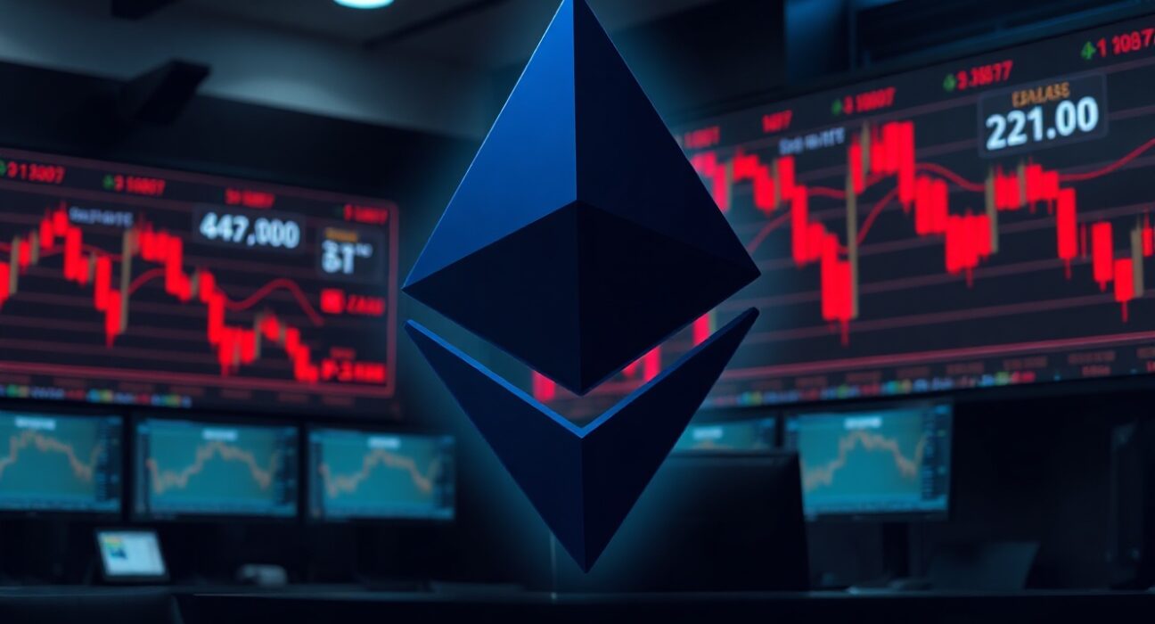Ethereum logo on a dark trading floor with red charts indicating market decline