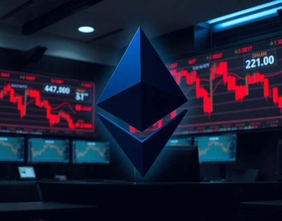 Ethereum logo on a dark trading floor with red charts indicating market decline