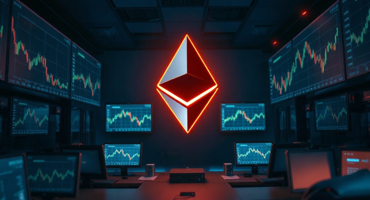 Ethereum logo in a dim trading room with monitors showing price charts and a green recovery arrow