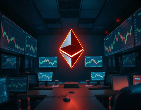 Ethereum logo in a dim trading room with monitors showing price charts and a green recovery arrow