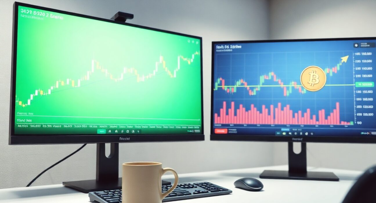 Trading desk with monitors showing contrasting stock and crypto market charts