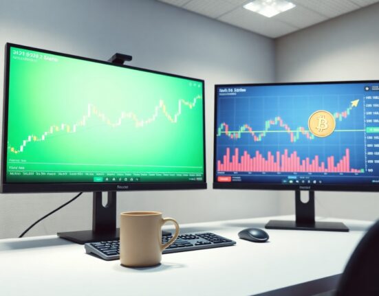 Trading desk with monitors showing contrasting stock and crypto market charts