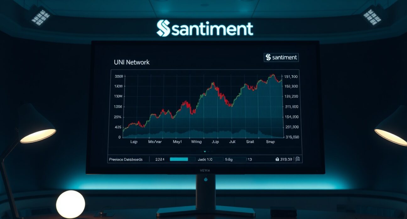 Santiment on-chain dashboard showing UNI network activity spike with chart