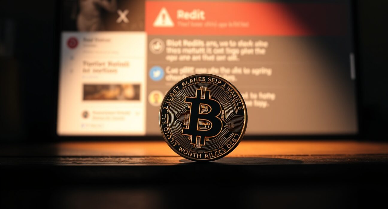 Bitcoin coin with social media warning overlay representing Santiment contrarian signal