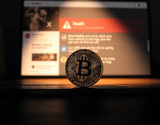Bitcoin coin with social media warning overlay representing Santiment contrarian signal
