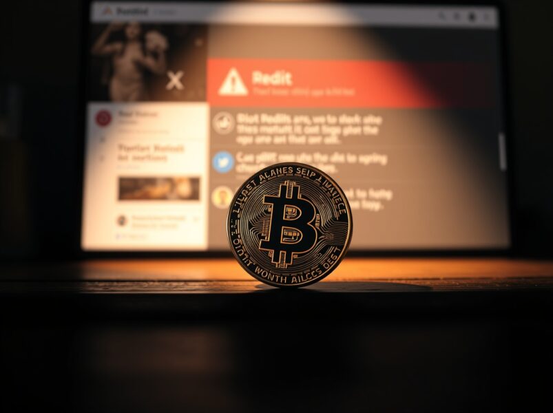 Bitcoin coin with social media warning overlay representing Santiment contrarian signal