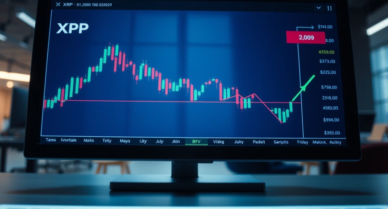 XRP trading chart on a screen with candlestick data and a potential rebound signal.