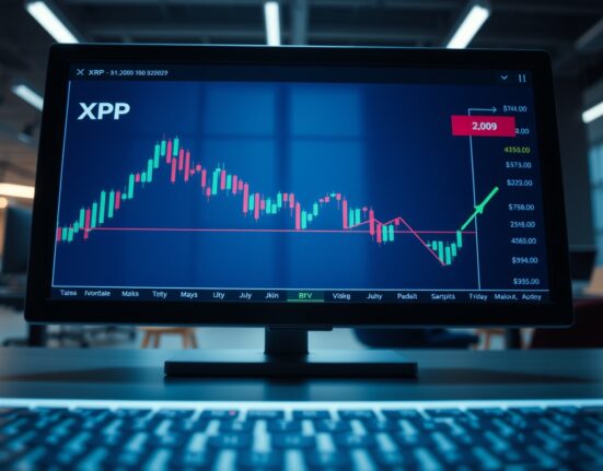XRP trading chart on a screen with candlestick data and a potential rebound signal.