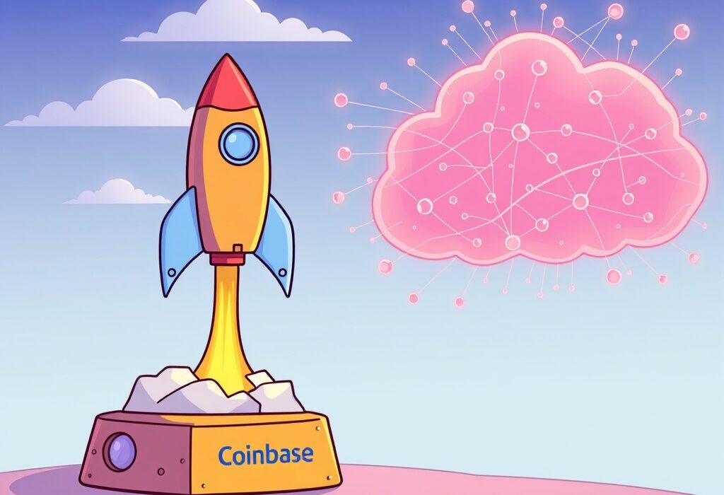 Cartoon illustration showing Sapien AI token launch, with a rocket launching from the Base network logo towards a cloud of decentralized AI data.