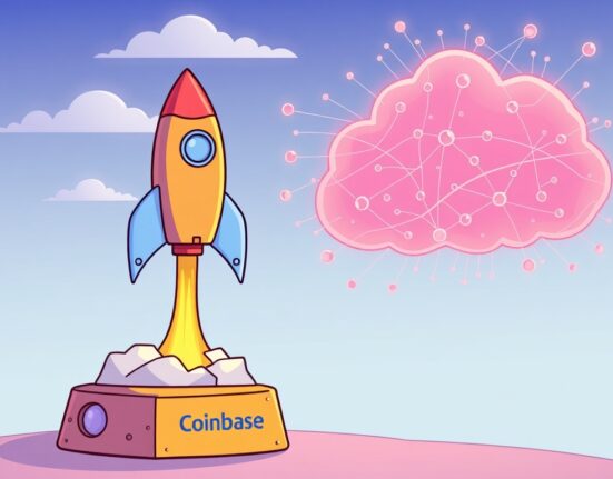 Cartoon illustration showing Sapien AI token launch, with a rocket launching from the Base network logo towards a cloud of decentralized AI data.