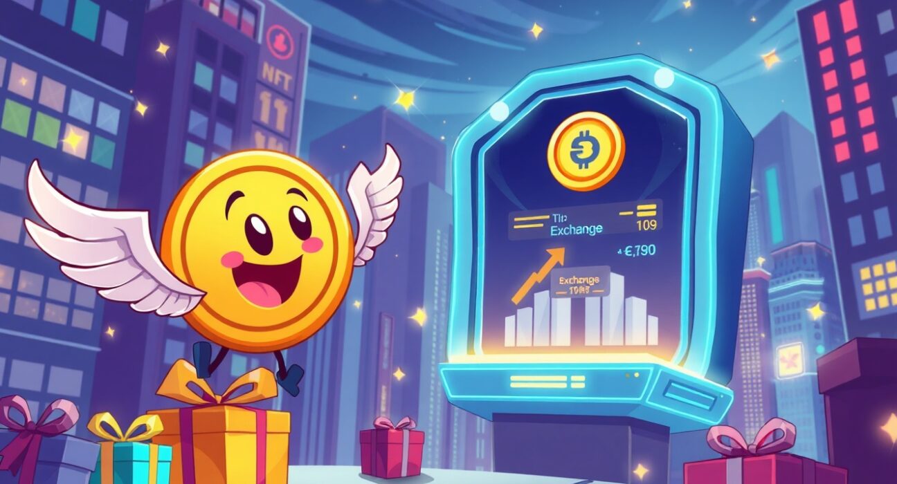 SAPIEN listing celebration with flying cryptocurrency coins and gift boxes