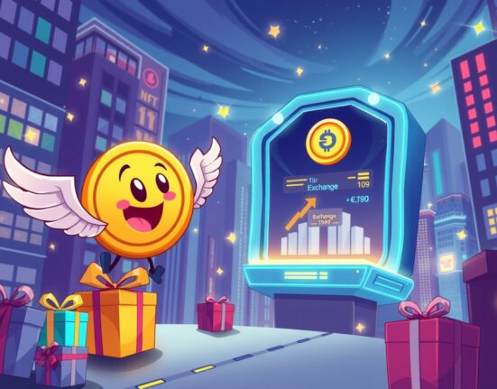 SAPIEN listing celebration with flying cryptocurrency coins and gift boxes