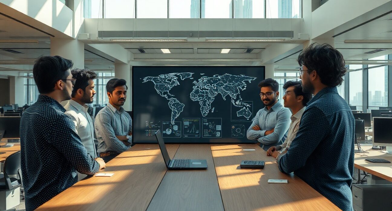 Team of engineers and researchers at Sarvam AI's Bengaluru office reviewing AI model on a large screen.