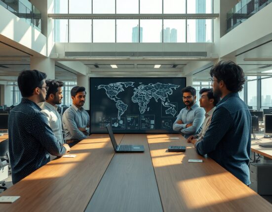 Team of engineers and researchers at Sarvam AI's Bengaluru office reviewing AI model on a large screen.