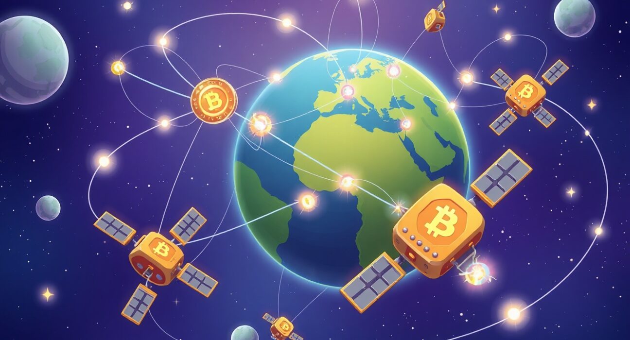 Satellite blockchain network connecting orbital nodes with glowing data streams in space