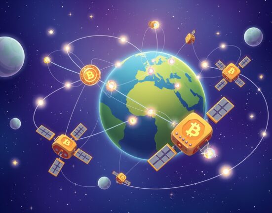 Satellite blockchain network connecting orbital nodes with glowing data streams in space