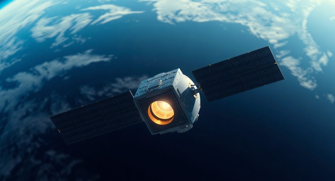 Earth observation satellite with onboard AI processing in orbit over Earth