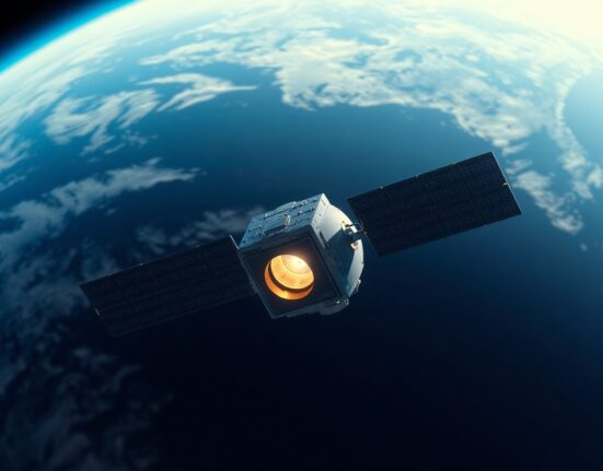 Earth observation satellite with onboard AI processing in orbit over Earth