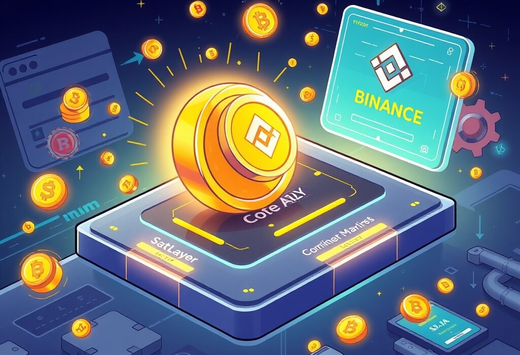 A vibrant cartoon depicting SatLayer SLAY being launched on the Binance Alpha platform, symbolizing an exciting crypto project launch.