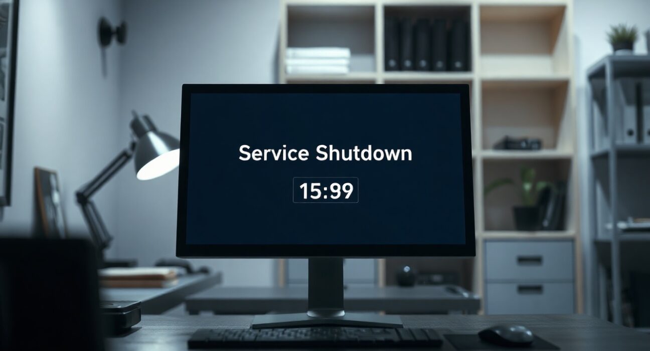 Satori Finance shutdown notice on a computer screen in a dimly lit office