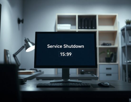 Satori Finance shutdown notice on a computer screen in a dimly lit office