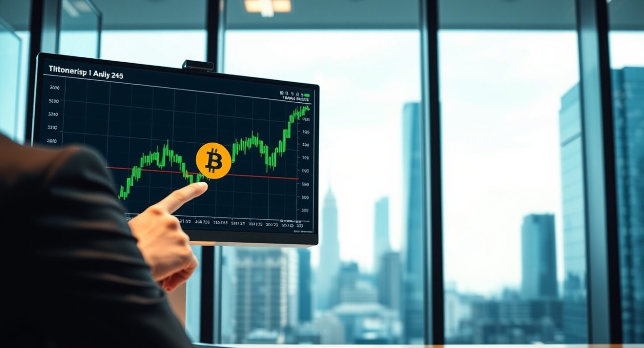 Institutional trading desk monitor displaying Bitcoin price chart with green upward trend