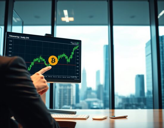 Institutional trading desk monitor displaying Bitcoin price chart with green upward trend