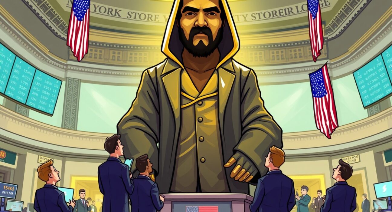 A vibrant cartoon of the Satoshi Nakamoto statue symbolizing Bitcoin's acceptance at the New York Stock Exchange.
