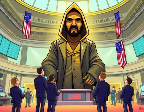 A vibrant cartoon of the Satoshi Nakamoto statue symbolizing Bitcoin's acceptance at the New York Stock Exchange.