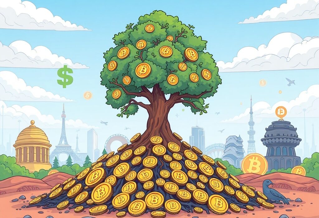 A vibrant cartoon illustration depicting a successful Bitcoin funding round, showing digital currency flowing into a treasury, symbolizing growth and innovation.