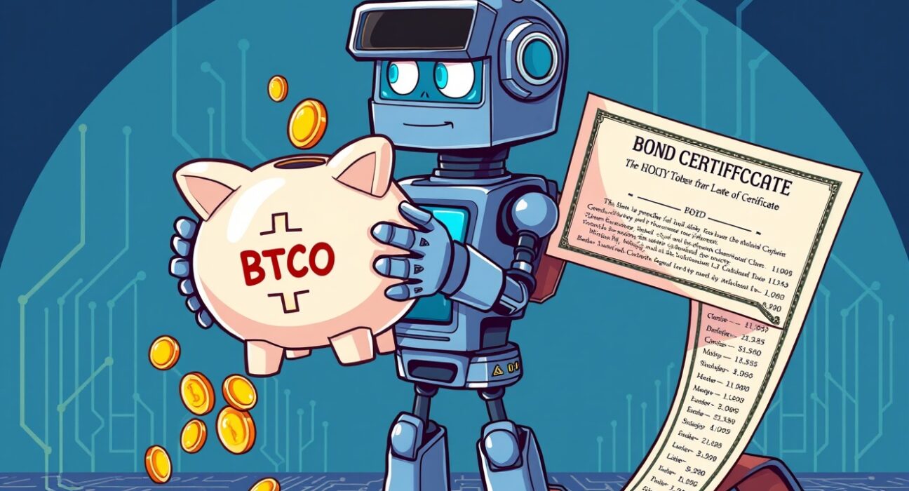 Strategic illustration of Satsuma selling Bitcoin to manage corporate debt, featuring a robot and digital coins.