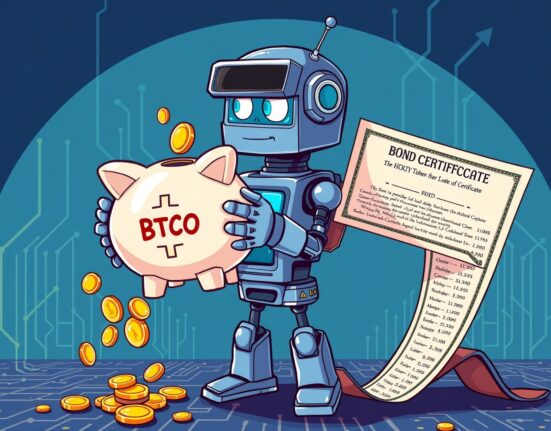 Strategic illustration of Satsuma selling Bitcoin to manage corporate debt, featuring a robot and digital coins.