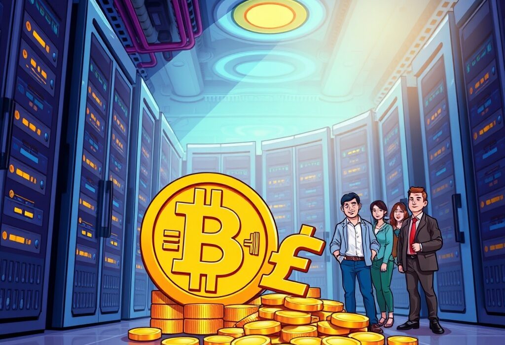 A cartoon illustration showing Satsuma Technology's significant Bitcoin investment alongside a large funding round, symbolizing innovation in AI and crypto.