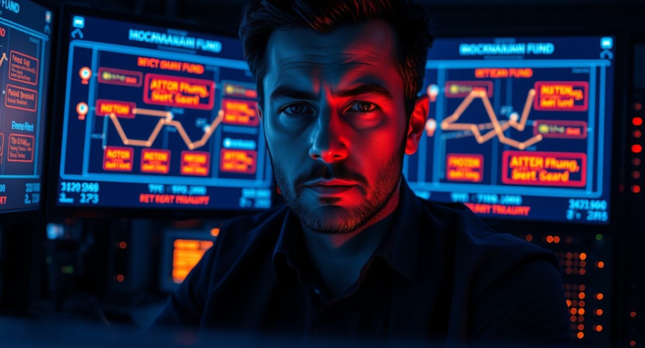 Cybersecurity analyst monitoring frozen blockchain funds in a security operations center after a DeFi hack