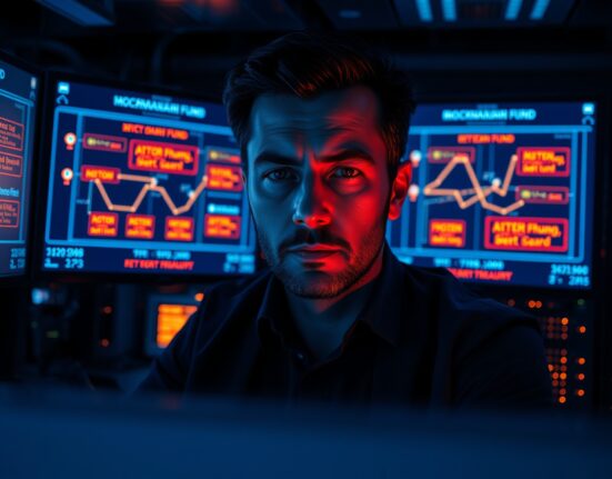 Cybersecurity analyst monitoring frozen blockchain funds in a security operations center after a DeFi hack