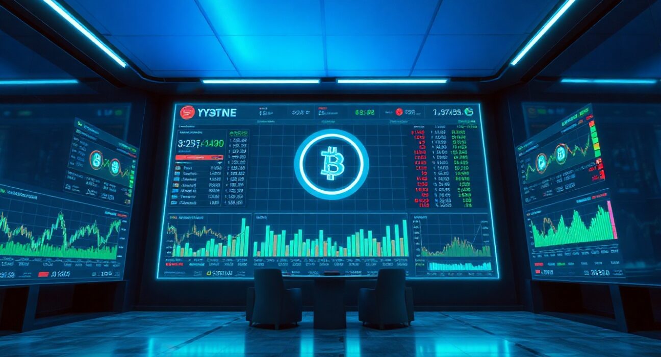 Digital trading interface with tokenized asset icons on a modern financial floor