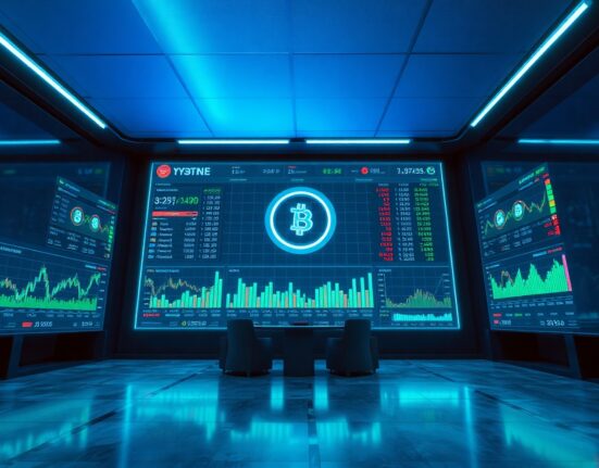 Digital trading interface with tokenized asset icons on a modern financial floor
