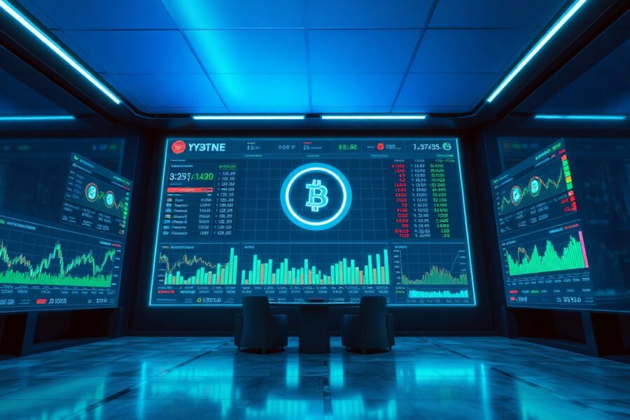 Digital trading interface with tokenized asset icons on a modern financial floor