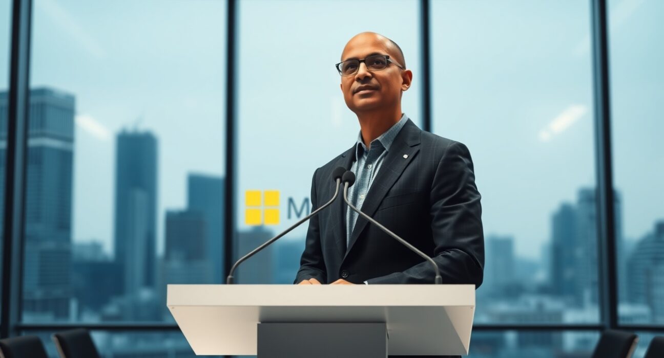 Satya Nadella speaks about the Microsoft OpenAI partnership deal at a press conference in San Francisco.