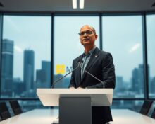 Satya Nadella speaks about the Microsoft OpenAI partnership deal at a press conference in San Francisco.