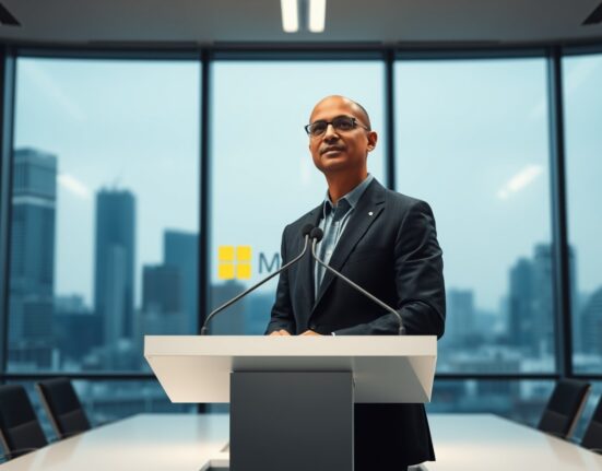 Satya Nadella speaks about the Microsoft OpenAI partnership deal at a press conference in San Francisco.