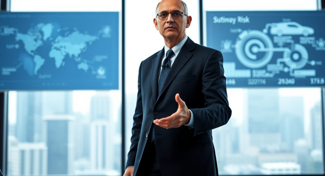 Microsoft CEO Satya Nadella speaking seriously in a modern conference room, gesturing while discussing AI strategy.
