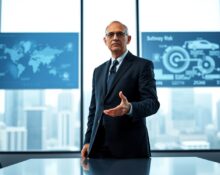 Microsoft CEO Satya Nadella speaking seriously in a modern conference room, gesturing while discussing AI strategy.