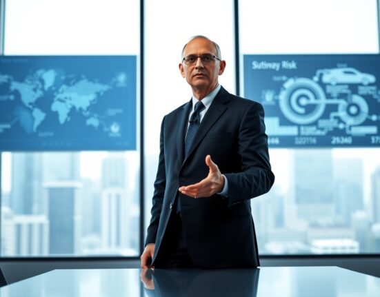 Microsoft CEO Satya Nadella speaking seriously in a modern conference room, gesturing while discussing AI strategy.