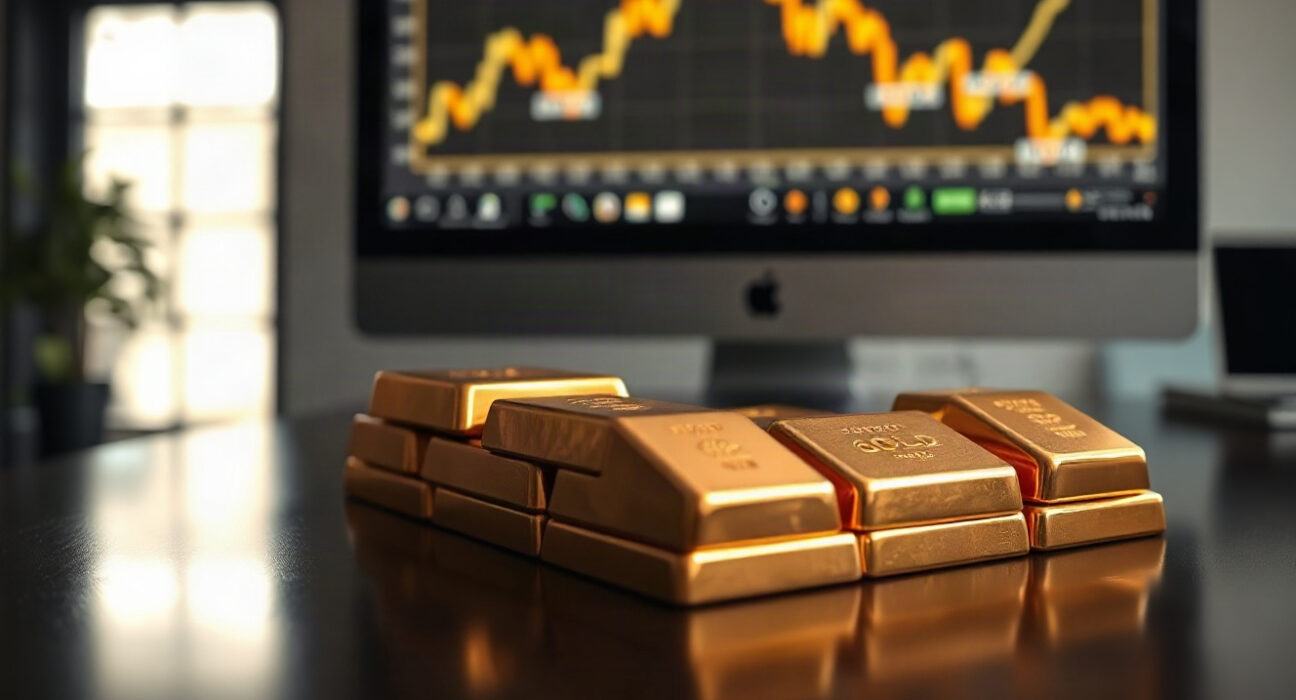 Gold bars on a table with a chart in the background, representing the latest gold price movement in Saudi Arabia.