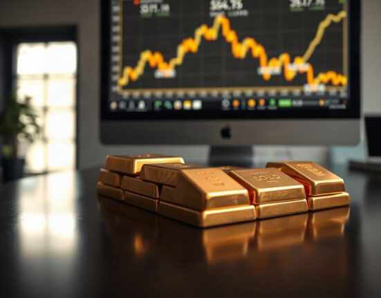Gold bars on a table with a chart in the background, representing the latest gold price movement in Saudi Arabia.