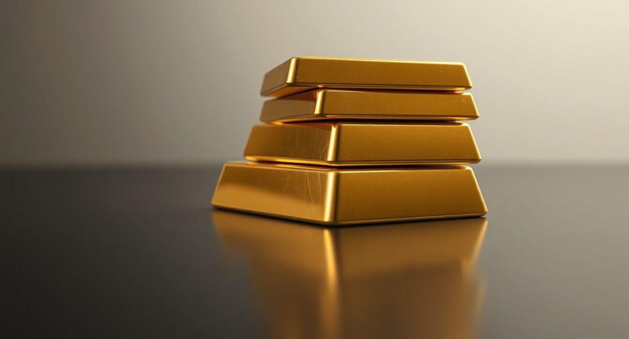 Close-up of gold bars reflecting light on a dark surface for a financial news article.